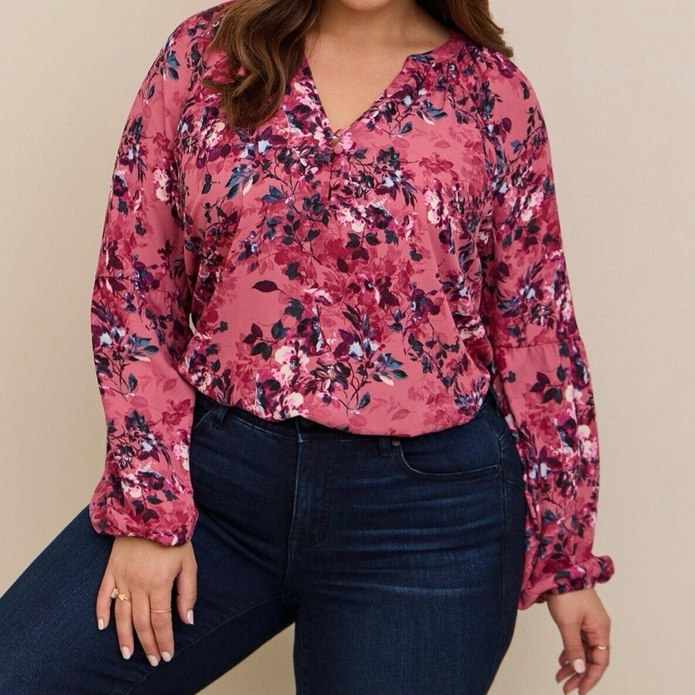 Torrid Georgette Floral Puff Sleeve Peasant Blouse 2X Pink